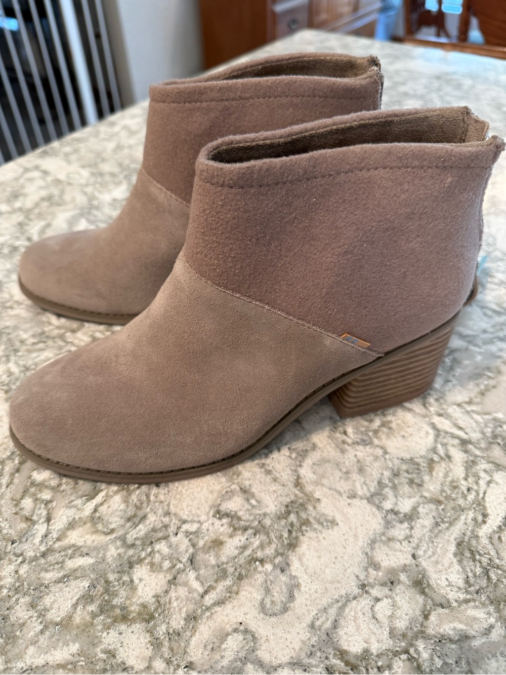 Toms Taupe Suede Ankle Booties with Stacked Heel